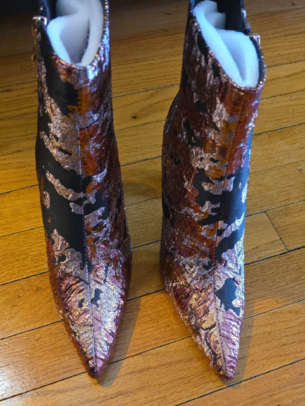 Akira Metallic Pink Brocade Pointed Toe Ankle Boots - Picture 3 of 6